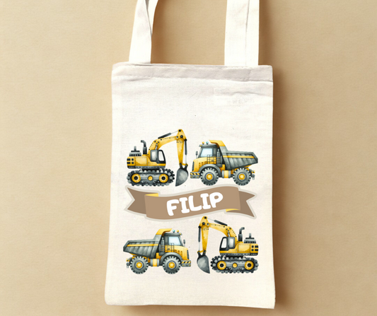 Otroška tote bag z motivom gradbenih vozil in imenom  – personalizirana torba za malčke