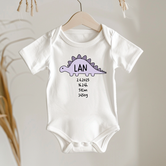 Bodi z motivom dinozavra in rojstnimi podatki za novorojenčka – personalizirano oblačilo ob rojstvu dojenčka