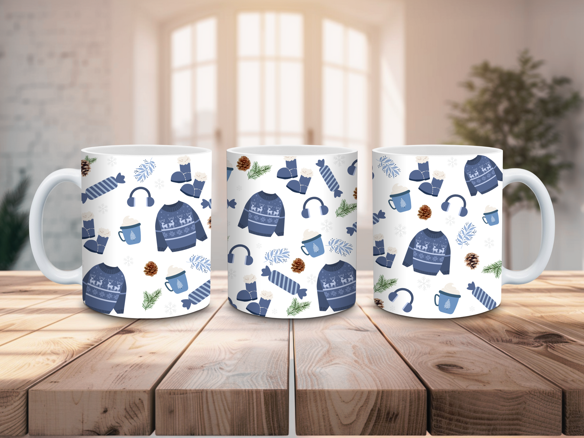 božično novoletna skodelica v modrih tonih, za darilo