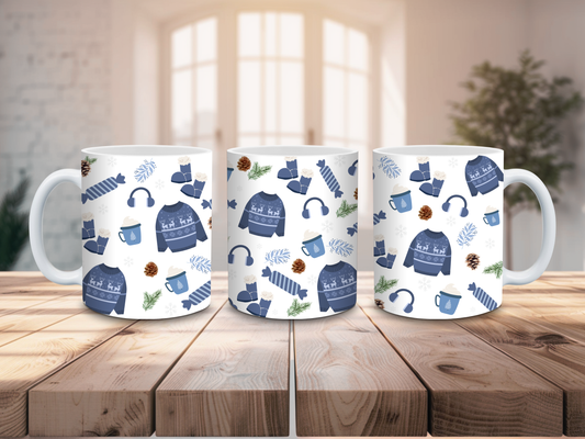 božično novoletna skodelica v modrih tonih, za darilo