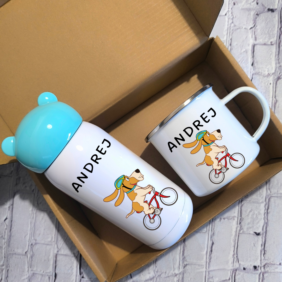 Komplet flaške in kovinske skodelice z motivom in imenom – personalizirano darilo za otroke 