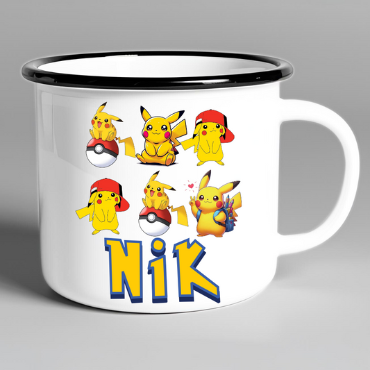 Emajlirana personalizirana skodelica z motivi Pokemon - Pikachu. Krasno darilo za otroke