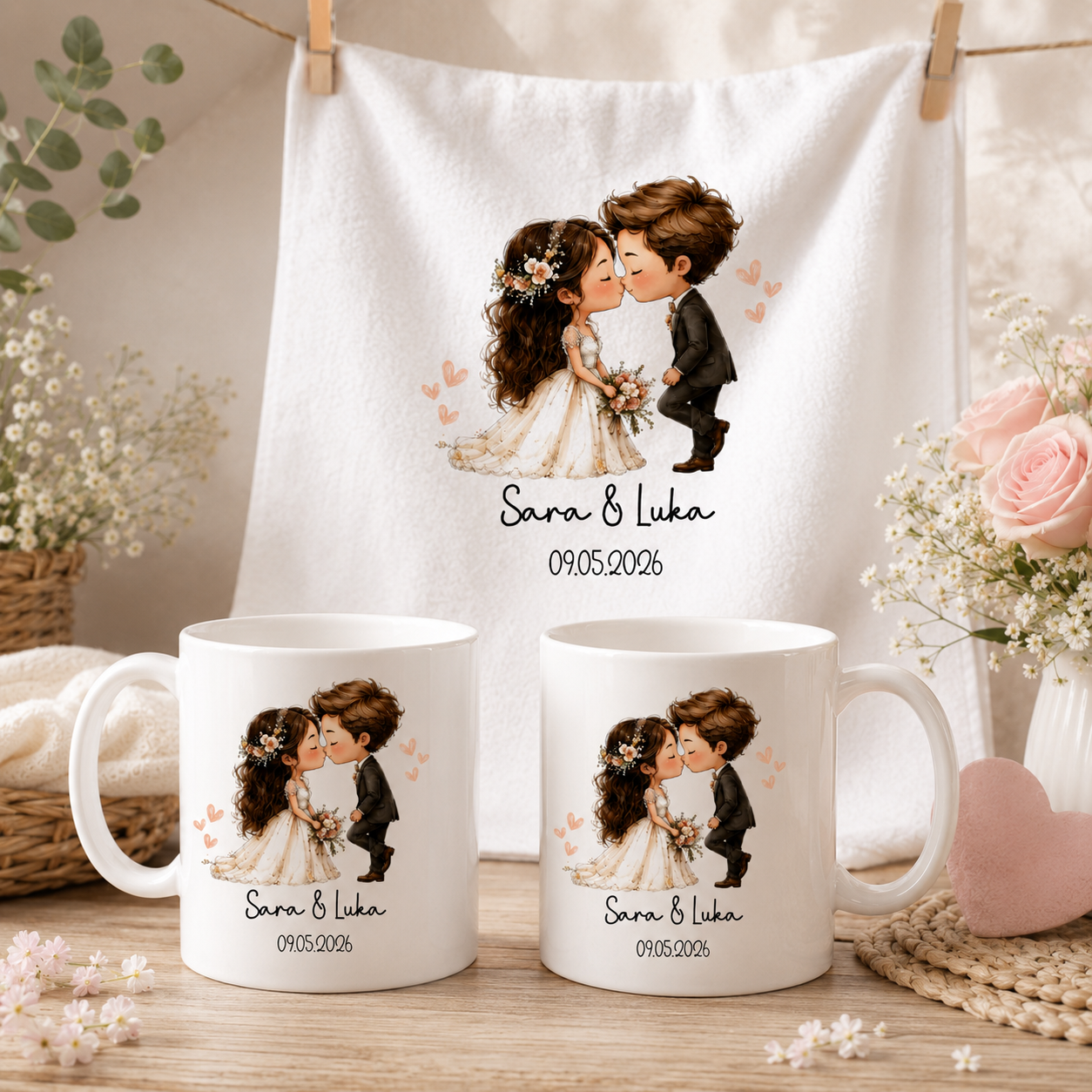 Personaliziran darilni komplet za mladoporočenca z dvema skodelicama in personalizirano brisačo z imenoma ter datumom poroke v elegantni darilni škatli.