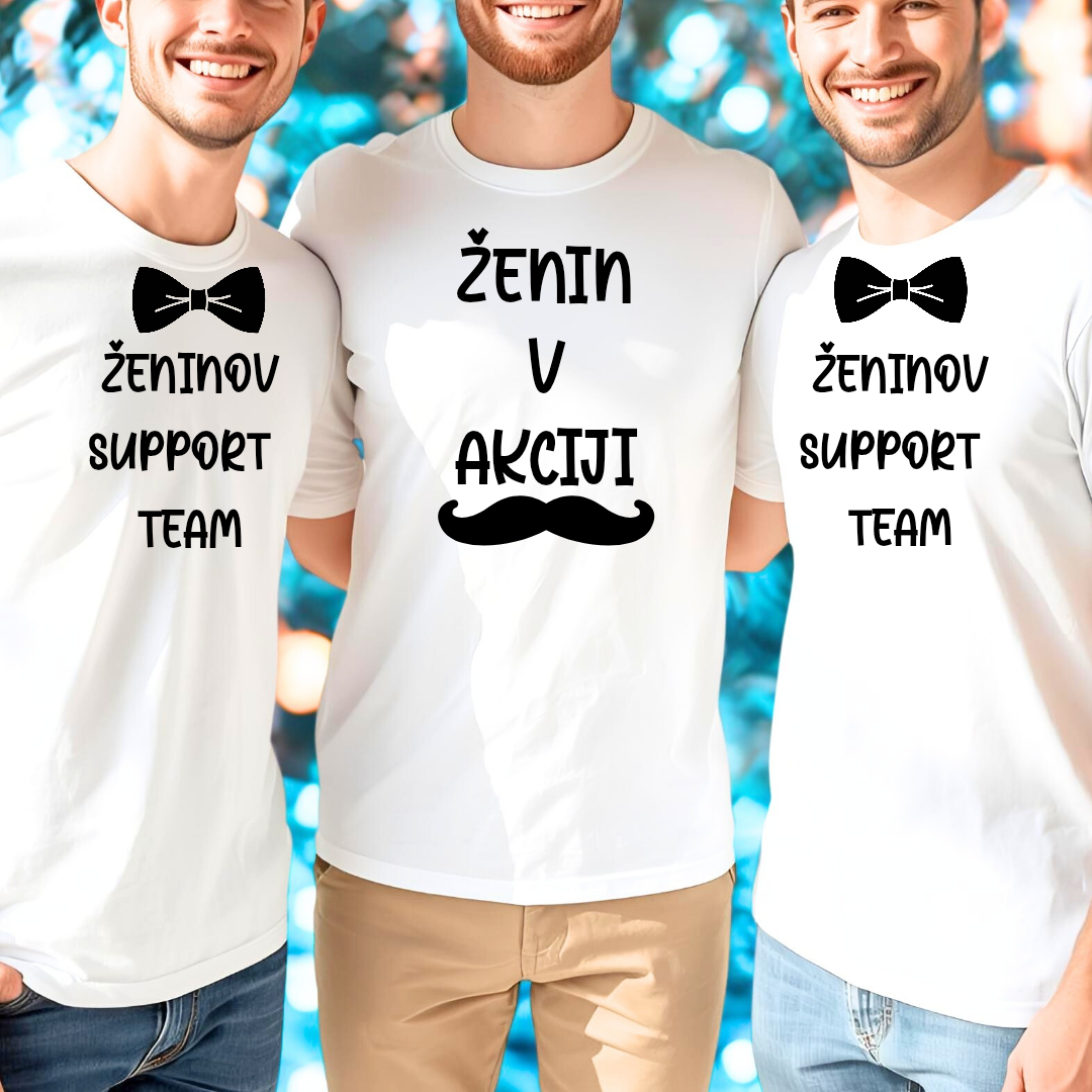 Majice za fantovščino z napisi Ženin v akciji in Ženinov support team – ujemajoča oblačila za ženina in ekipo