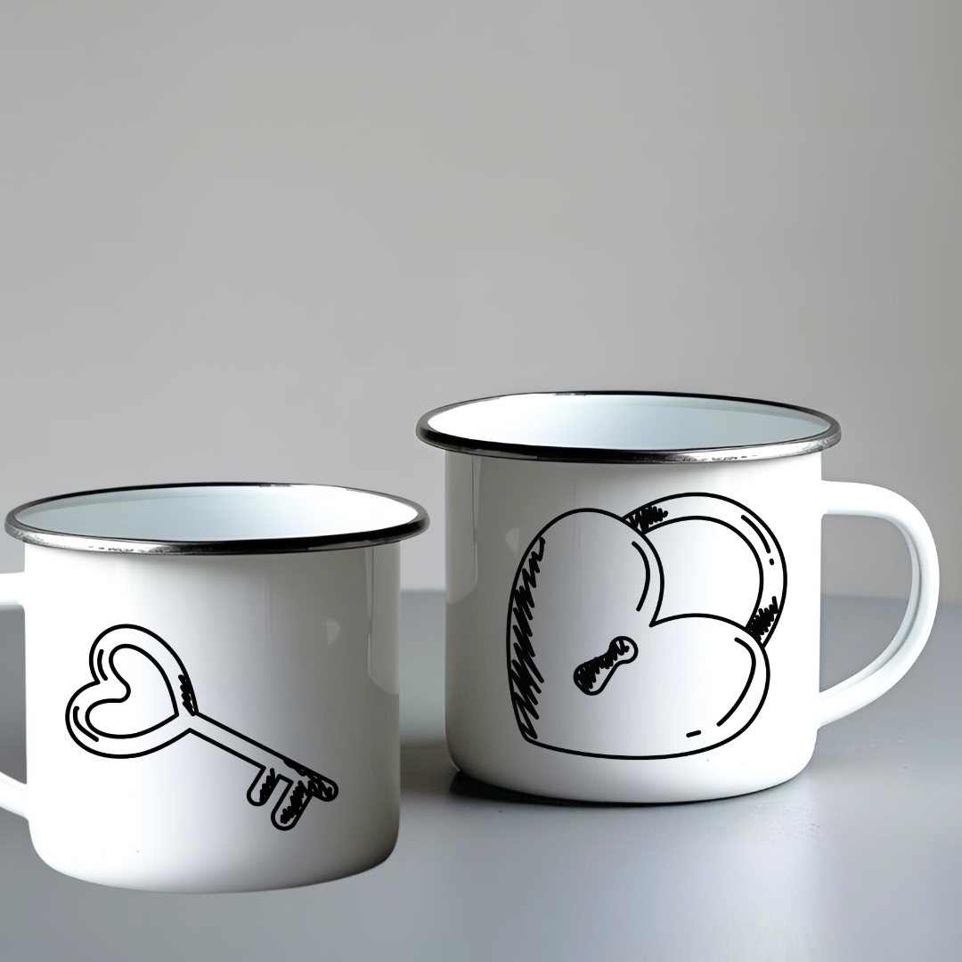 Emajlirani skodelici za par - motiv ključavnice in ključa