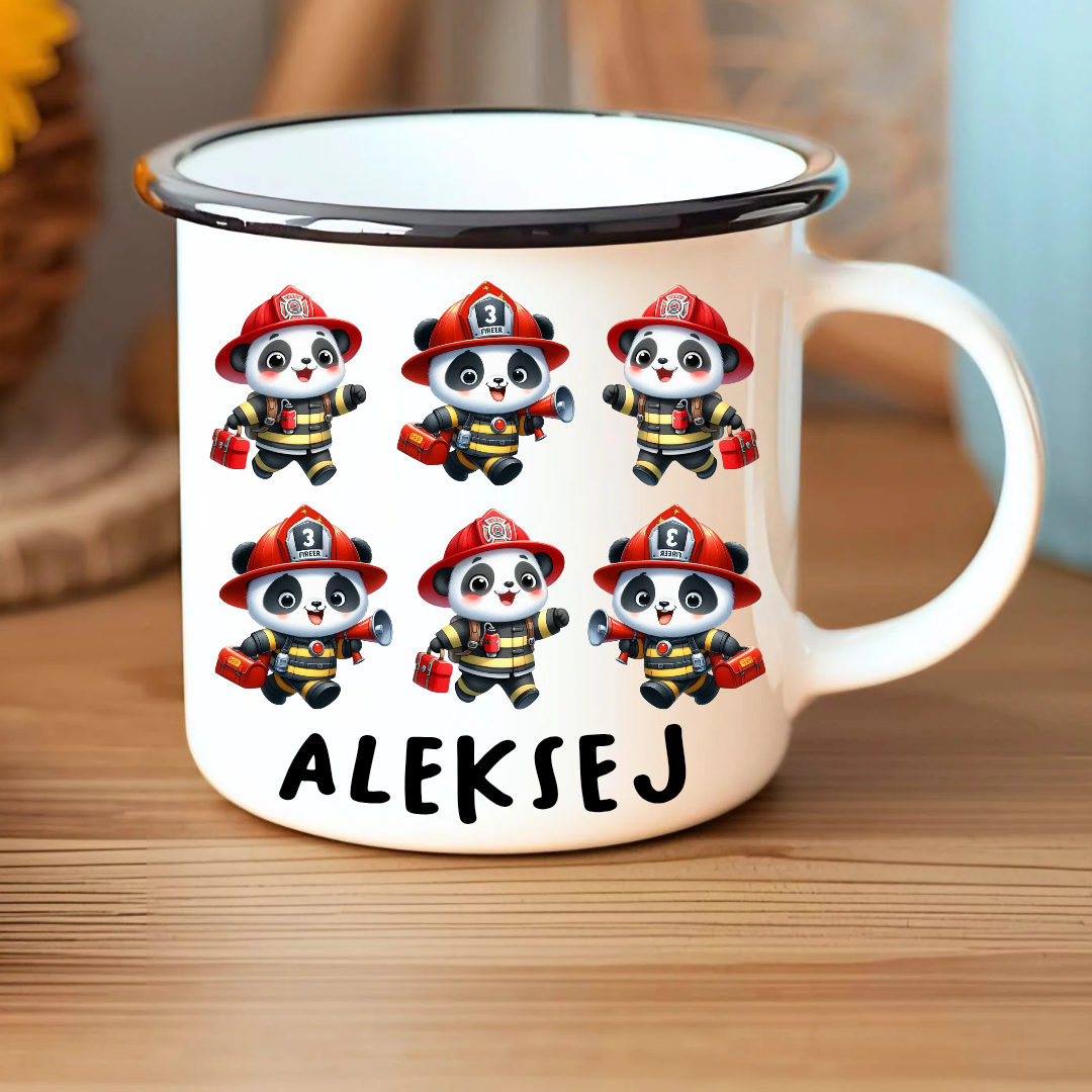 Emajlirana skodelica za otroke - personalizirana z imenom in motivom gasilca pande