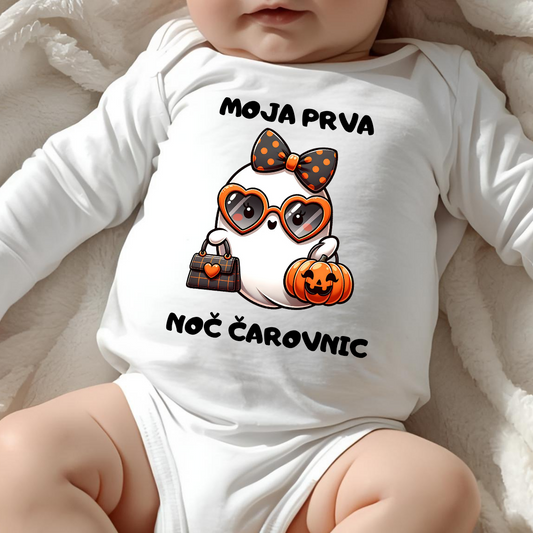 Bodi za dojenčke z motivom srčkanega duhca in napisom  Moja prva noč čarovnic 