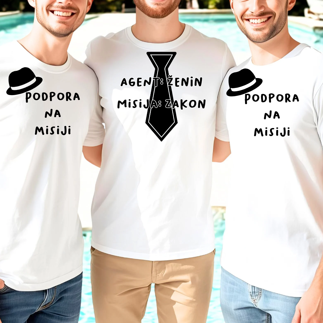 Majice za fantovščino z napisi Agent ženin in Podpora na misiji – ujemajoča oblačila za ženina in ekipo