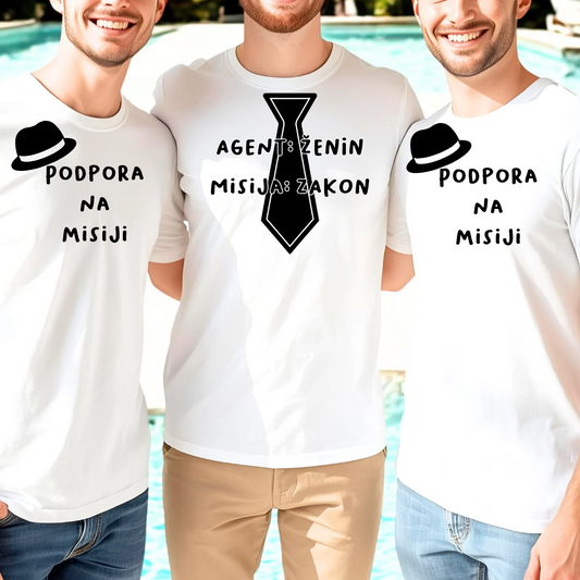 Majice za fantovščino z napisi Agent ženin in Podpora na misiji – ujemajoča oblačila za ženina in ekipo