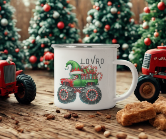 Božična emajlirana skodelica z motivom monster trucka in imenom  – personalizirano darilo za otroke