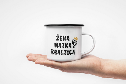 Skodelica z napisom Žena, majka, kraljica in motivom kraljice